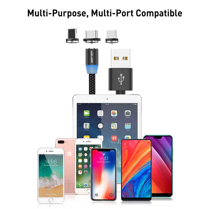 USLION 마그네틱 마이크로 USB 케이블, 삼성 S10 S9 C타입 충전, 아이폰 XS XR 8 7 자석 충전기, USB C타입 케이블