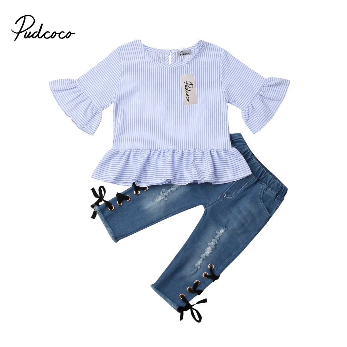 

1-5Years Fashion Toddler Baby Kid Girls Outfits Ruffle T-Shirt Tops+Bandge Jeans Leggings Clothes Set