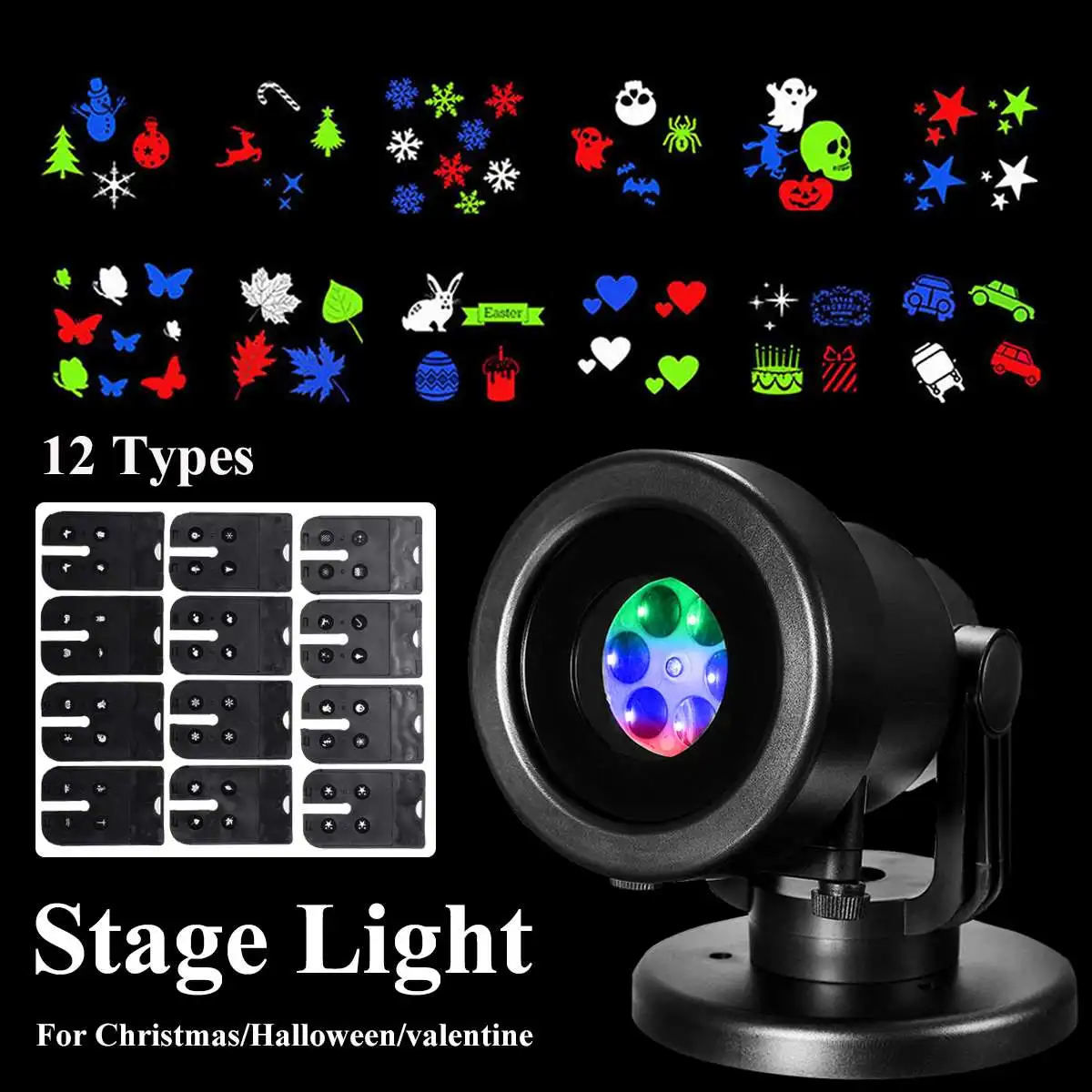 

12Patterns Snowflake Projector LED RGB Laser Stage Light for Festival DJ Disco Christmas Halloween Party Dancing Lamp EU/UK Plug