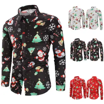 

Christmas Costume Santa Print Top Shirt Men Casual Slim Long Sleeve Shirt XMAS NEW