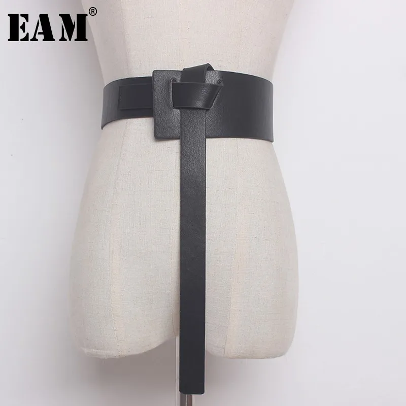 

[EAM] 2019 New Summer Solid Color Black PU Leather Knot Bandage Loose Long Irregular Belt Women Fashion Tide All-match JG114