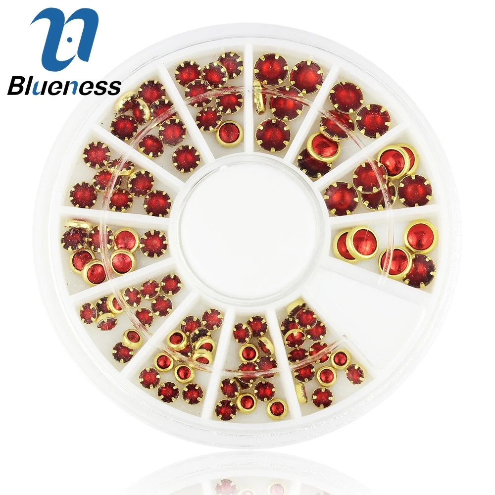 

Blueness 3D Red Glitter Acrylic Rhinestones Nail Art Decorations Round Gold Alloy Mixed Size Nails Manicure Decoration ZP197