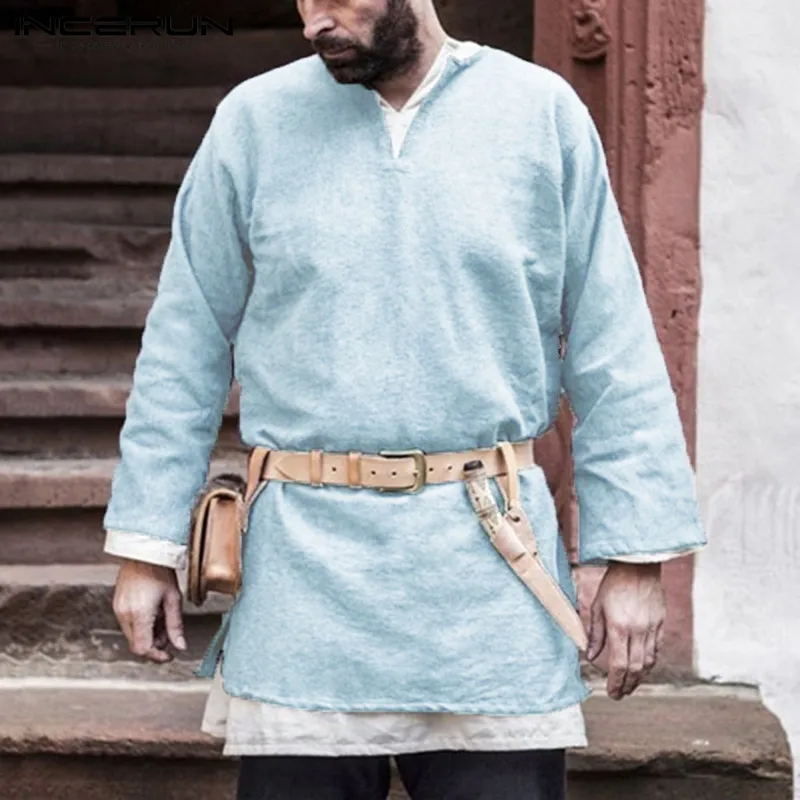 Vintage Dress Mens Shirt Cotton Medieval Renaissance Viking Tunic Long Sleeve Shirts Male Tops Camisas Kurta Men Clothes