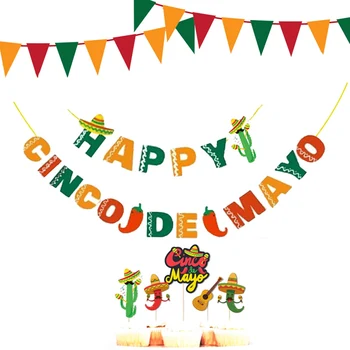 

1 Set Festival Themed Multi-Colored Mexican Party Decor Set Cupcake Topper Banner Garland Flag Decor