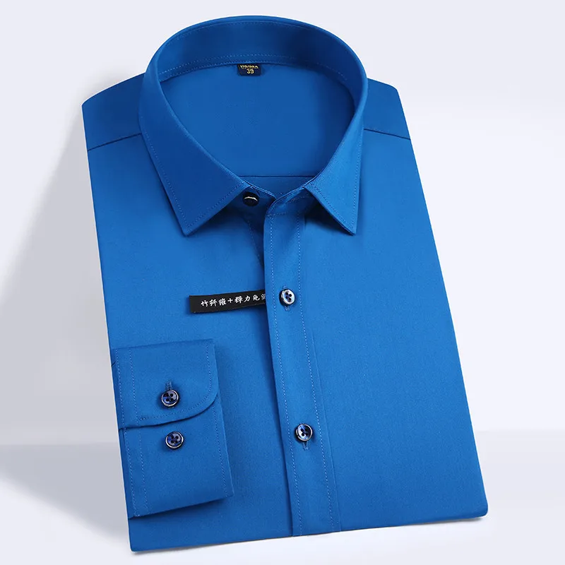 

Plus size 5xl 2018 Autumn solid Elastic bamboo fiber soft comfortable long sleeve easy care formal mens dress shirts male tops