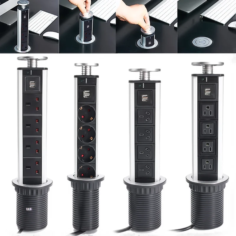 

CLAITE 4 Plug Sockets 2 USB 250V 13A 2500W UP Electrical Power Outlet Retractable Table Socket Indicator Shelf Kitchen EU/US/UK