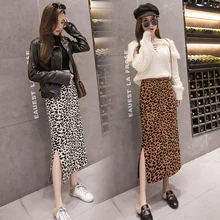 Уплотненная трикотажная юбка с леопардовым принтом для женщин, тонкая юбка с разрезом по бокам, Офисная Женская винтажная юбка-карандаш, женская юбка Макси