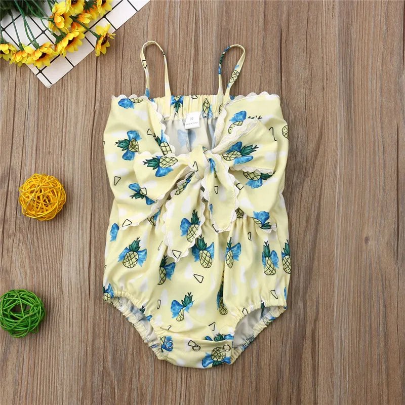 

Cute Summer Newborn Sunsuits Baby Girl Pineapple Print Bodysuit Sleeveless Sling Bow V-Neck Jumpsuits Baby Girl Clothing 0-24M