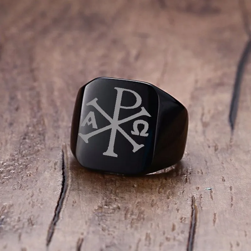 

Vnox Free Laser 18mm Chunky Signet Ring for Men Chi Rho Alpha Symbol Stainless Steel Stamp Ring Punk Male Jewelry