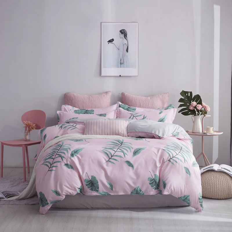 

Hot sale Bed Four Sets of Fresh and Simple Sheets Quilt Love tropical leaves Contain Duvet Cover Bed Sheet Pillowcase