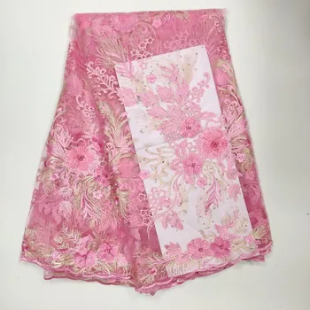

African Lace Fabric 2019 High Quality Lace 3D Flower Lace Fabric Beautiful Applique Stones Lace For Nigerian Wedding Dress Pink