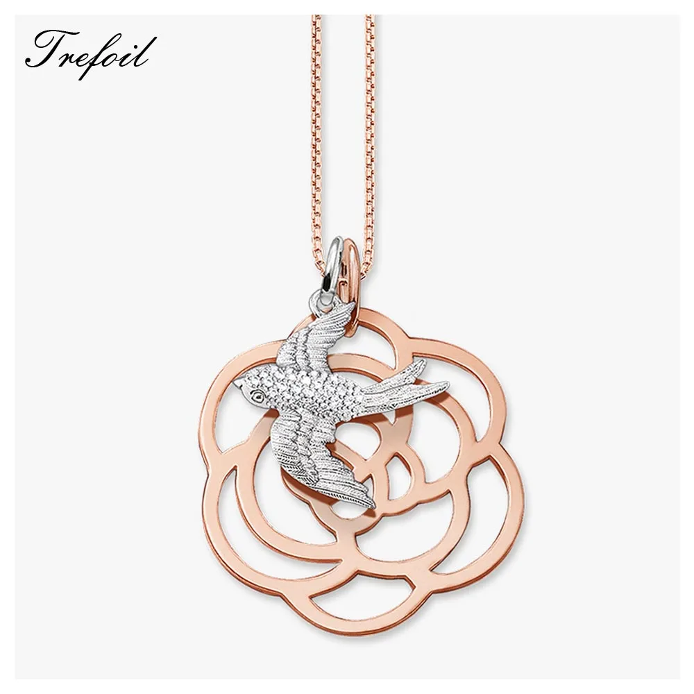 

Link Chain Statement Necklace Swallow And Rose, Fashion 925 Sterling Silver Jewelry Romantic Gift For Women Girls 2018 New