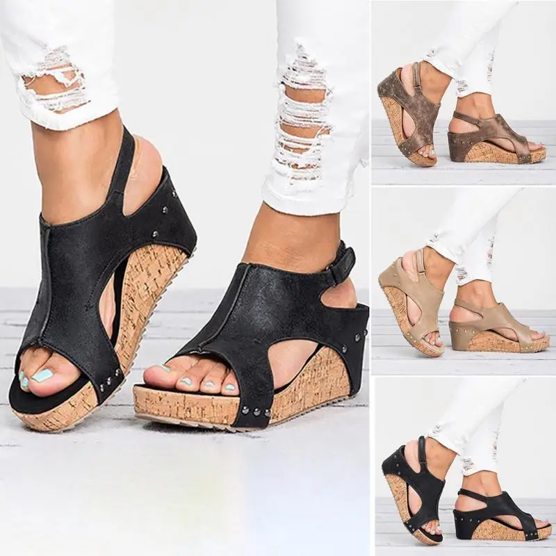 

2018 Fashion Women slope heel Sandals With Platform Shoes Female Summer Wedge Heels Peep Toe Women sandals Shoes pu leather