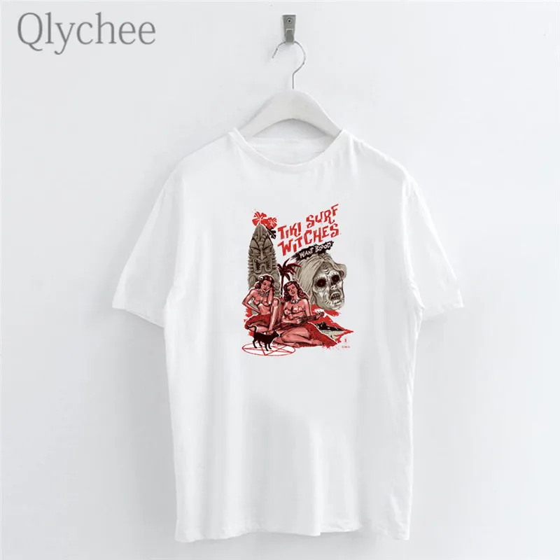 Женская футболка с надписью Qlychee Harajuku Devil белая коротким рукавом и вырезом