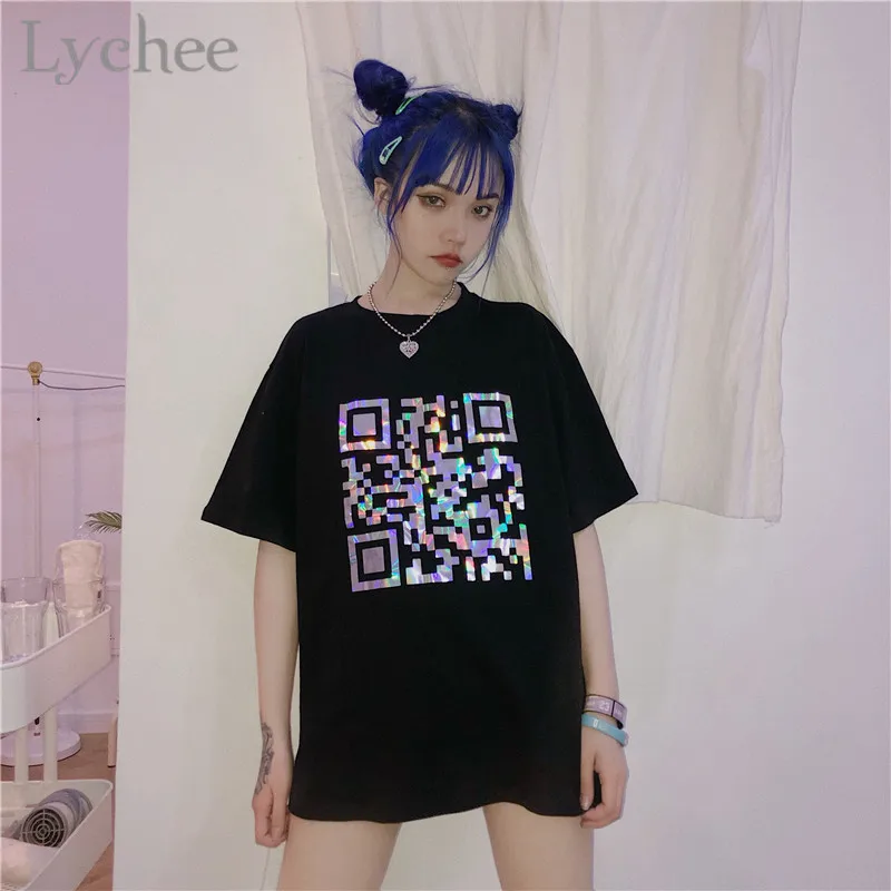 Lychee Harajuku qr код лазерные женские футболки Топы Футболки с круглым вырезом Лето