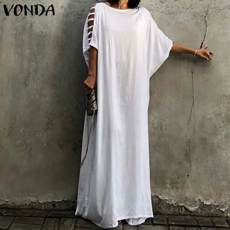 

Women Dress 2019 VONDA Sexy Batwing Sleeve Hollow Out Long Maxi Dress Summer Beach Casual Loose Vestidos Plus Size