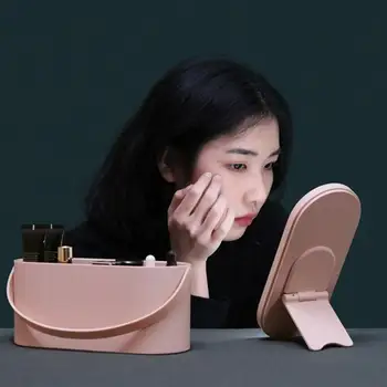 

Travel Makeup Organizer Mirror Storage Box Creative Lighted Mirror Portable Cosmetics Organizer Storage Box Desktop Decoration