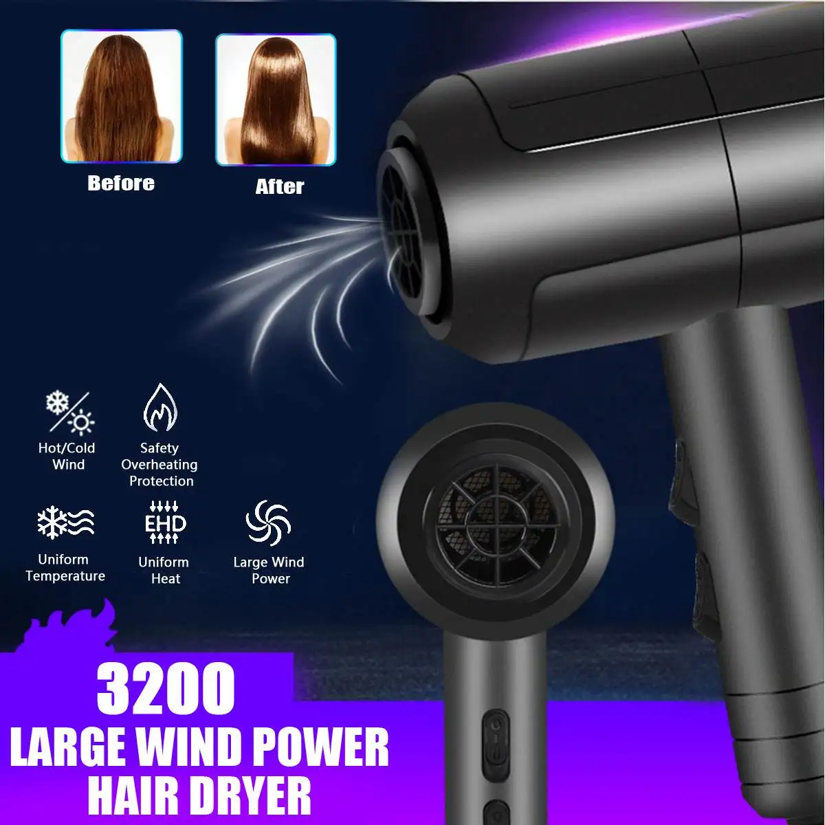 

2000W 220V Black Professional Anion Hair Dryer Large Power Hair Repairing Hairdryer Air Blower Constant Temperature Blower