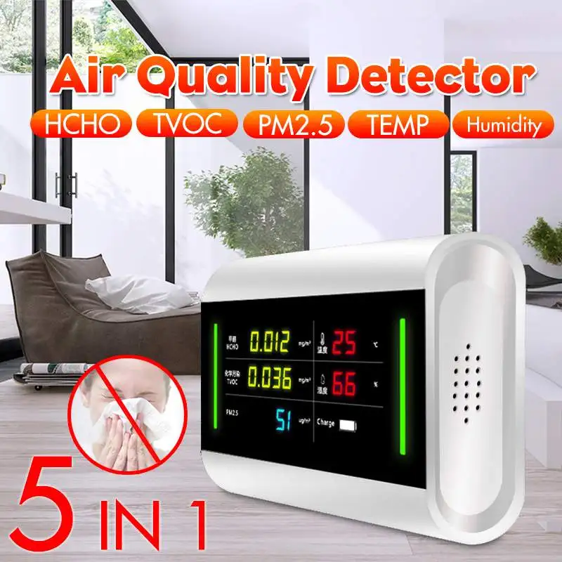

5 in 1 LCD Digital Formaldehyde Detector Meter Multifunctional Gas Analyzer HCHO / TVOC / PM2.5/Temperature/Humidity Household
