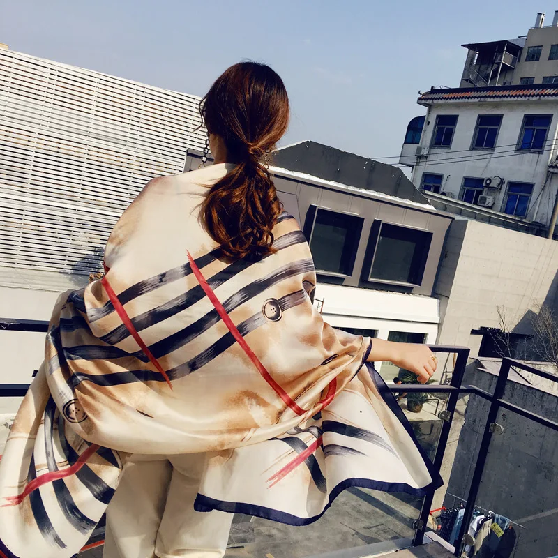 Women's Button Geometric Pattern Wild Long Simulation Silk Scarf Printing Spring Summer Swimming Tourism Home Shawl Beach Towel |