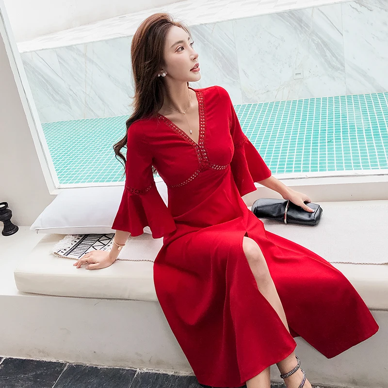 

Sexy V-neck Hollow chiffon beach dress women 2019 summer Butterfly Sleeve split long holiday dress Ladies fashion red slim dress