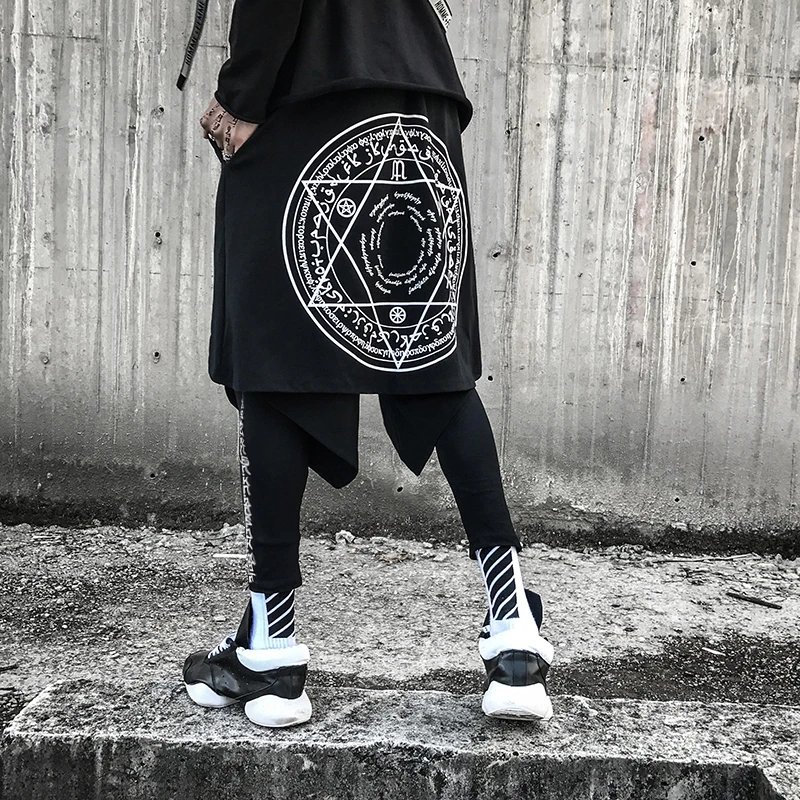 

Hip Hop Street Dance Hair Stylist Casual Pants Men's Fake Two Dark Black Skirt Leggings Men's Street Pants