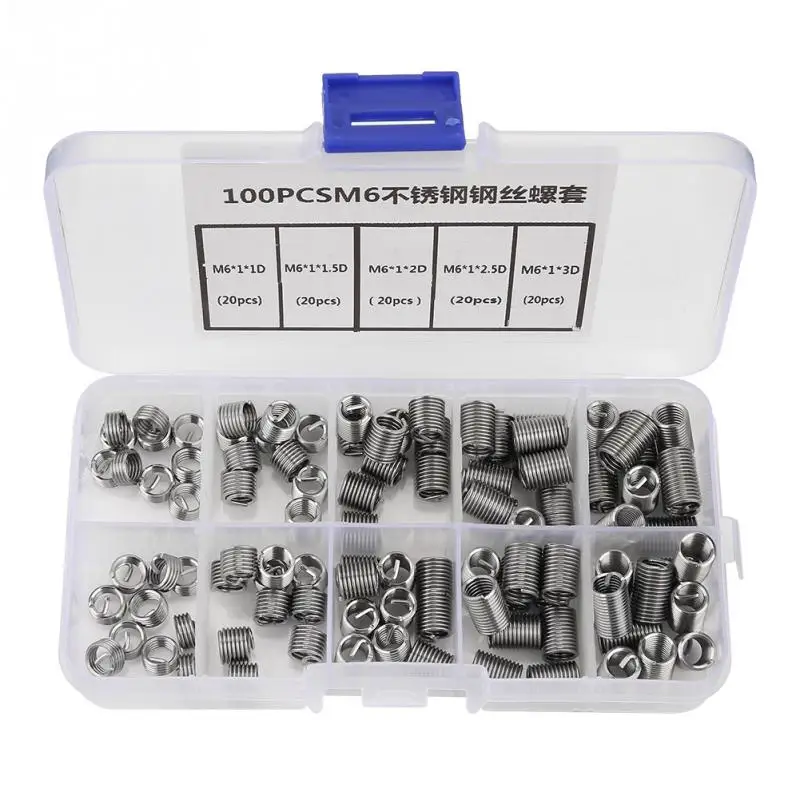 

100Pcs/Set M6 Stainless Steel Screw Thread Insert Coiled Wire Helical Threaded Inserts Set helicoil thread repair kit Wholesale