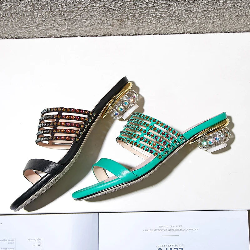 T10 Größe Verpackung Frauen Schuhe 3 Heels Maultiere Hausschuhe 51 Box Leder green Plus Black Chunky Cm Kristall Echt toe 6 Frau Sommer Open nUpSxqwHS