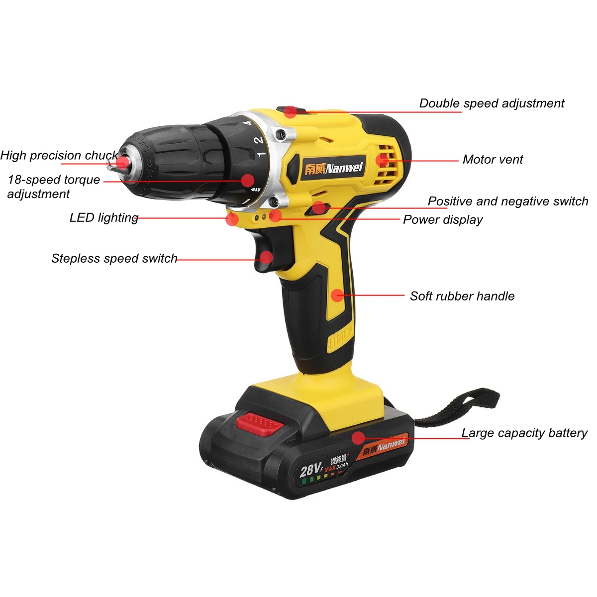  28V Electric Cordless Drill Driver Screwdriver Li-Ion Battery LED Light Battery 1/2-Inch 2-Speed - 32971842580
