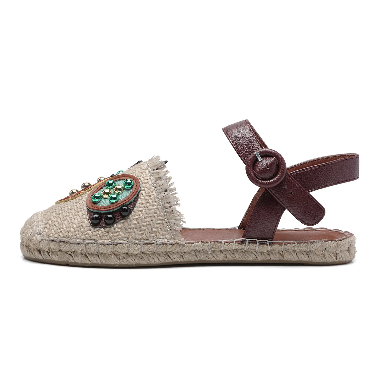 

Fashion Loafers Flat Shoes Woman In Animal Prints and Mixed Color With Round Toe Ankle Buckle Strap Hemp Material String Bead