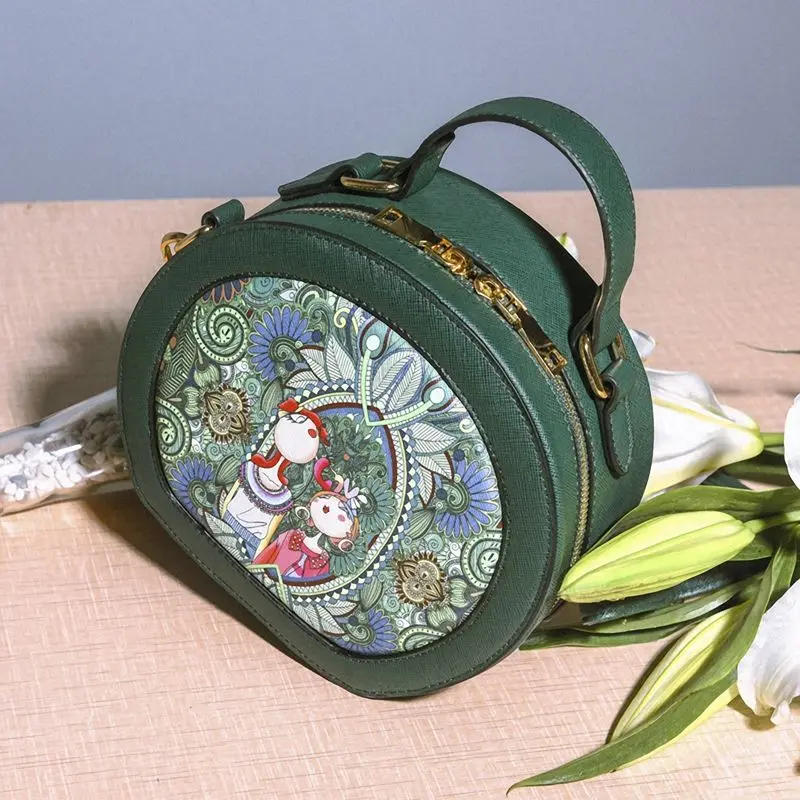 

Ms. bag patchwork forest girl printing green PU leather fashion trend round shoulder bag