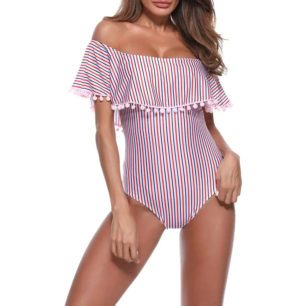 

Mounchain Women Sexy Boat Neck Collar Slim Stripe Ruffle Swimwear