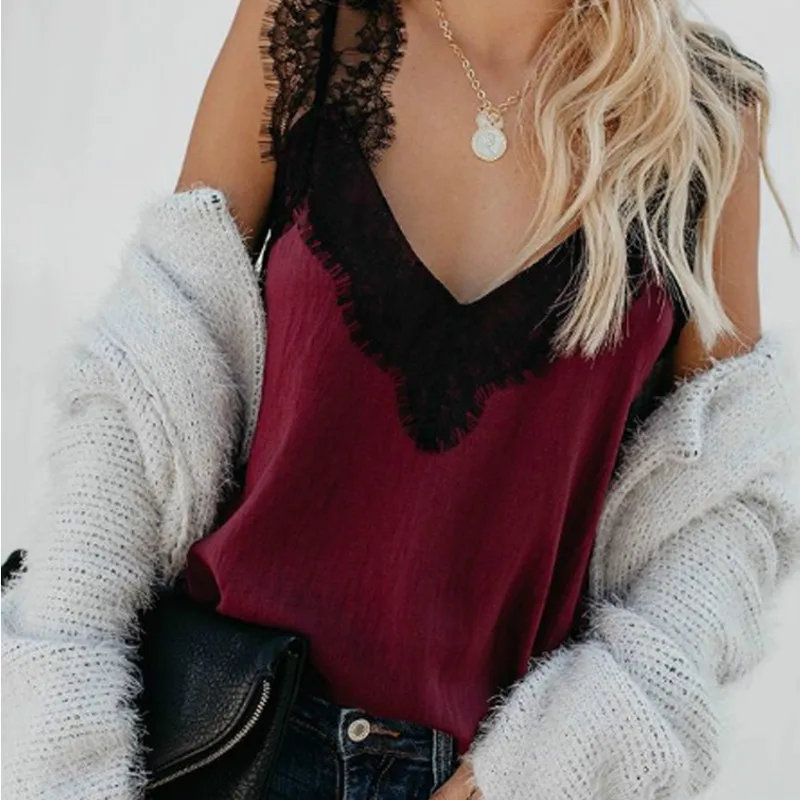 

2019 Sexy Women Summer Sleeveless V-Neck Vest Tank Tops Lace Straps Tops T-Shirt Ladies Casual Women Clothes