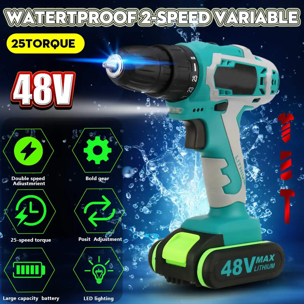 

48V 5000mAh 25~28Nm 25-speed Torque Double Speed Brushless Cordless Electric Drill Screwdriver Hammer LED lighting