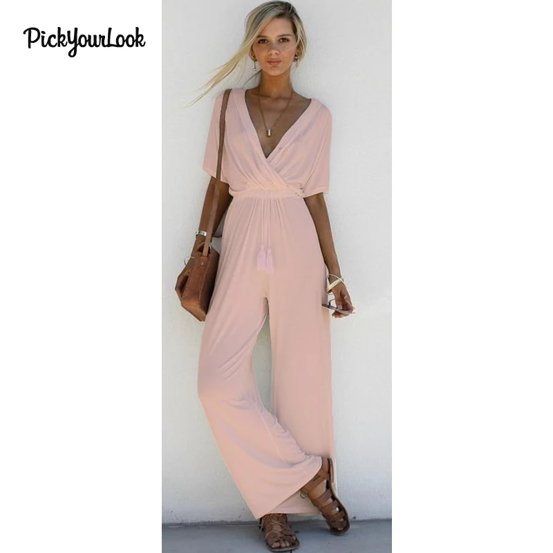 PickyourLook Deep V Jumpsuit Overalls combinaison femme 2019 Rompers Womens Jumpsuit Loose Sexy Jumpsuit Summer Wide Leg Romper
