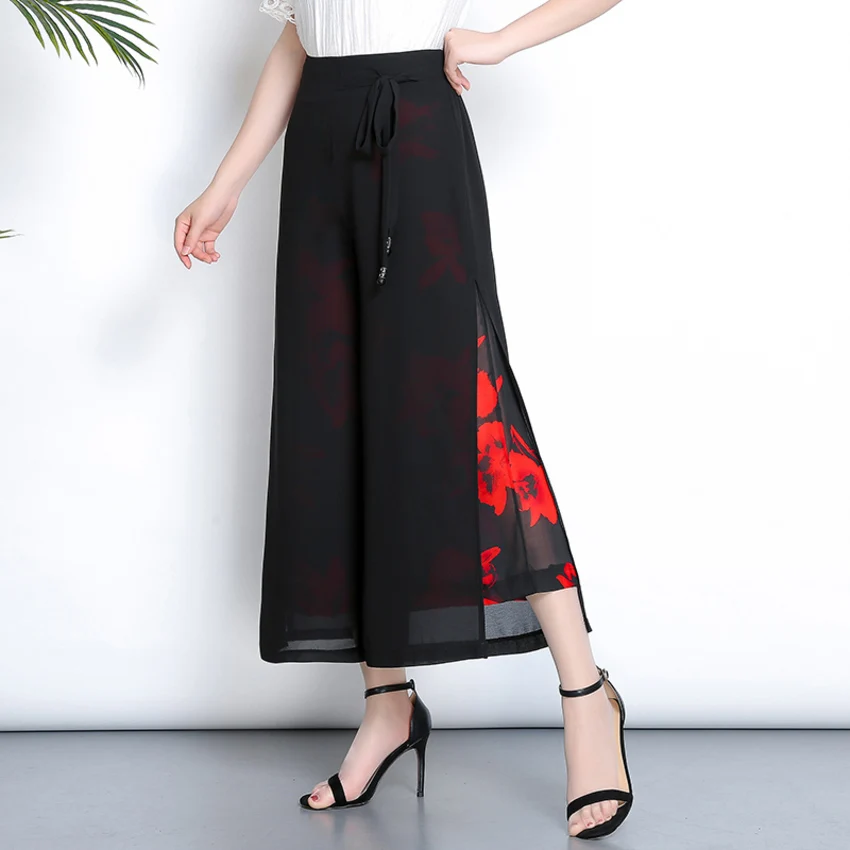 

Women Fashion High Waist Summer Pants Elegant Print Floral Wide Leg Pants Vintage Loose Side Split Chiffon Pants Plus Size