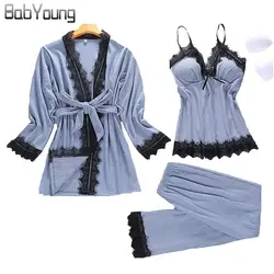 BabYoung осень для женщин пижамный комплект хлопок кружево лоскутное Пижама Femme ночная рубашка с длинным рукавом Дамы PJ Pijama Mujer серый