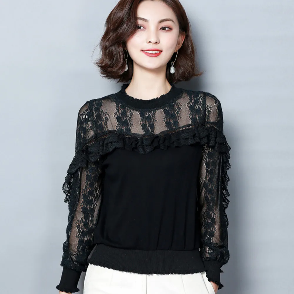 

Spring Autumn Ladies Black Tops Lace Shirts Women Stand Collar Long Sleeve Blouses Femininas Camisas Clothing Female Plus Size