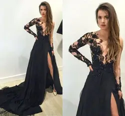 Платье vestido de formatura Потрясающие черный длинные платья для выпускного вечера 2019 длинный рукав аппликация пикантные высокий разрез для