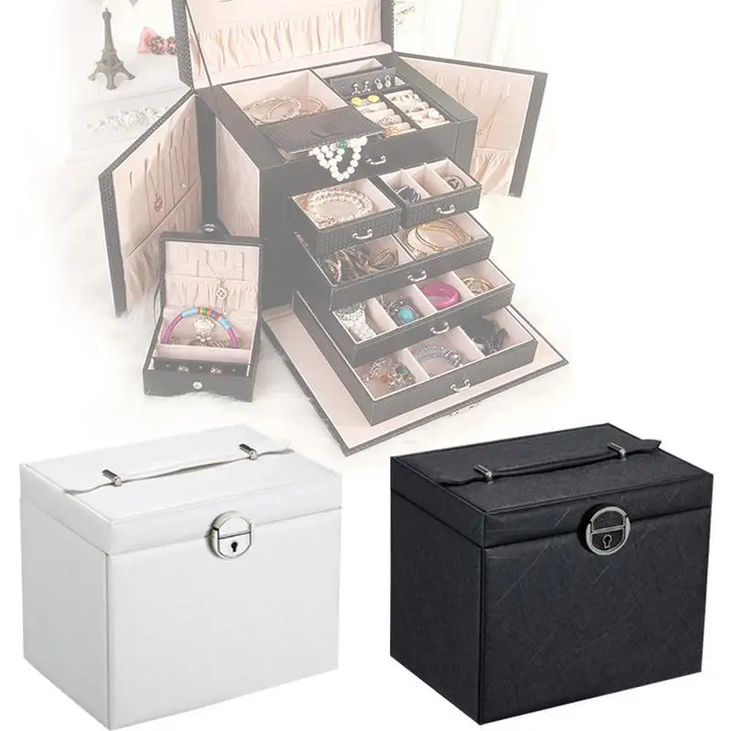 Caja de almacenamiento de joyería de gran capacidad de 5 capas de cuero multifuncional cosméticos mujeres joyería anillo collar pendiente caja de almacenamiento - 5