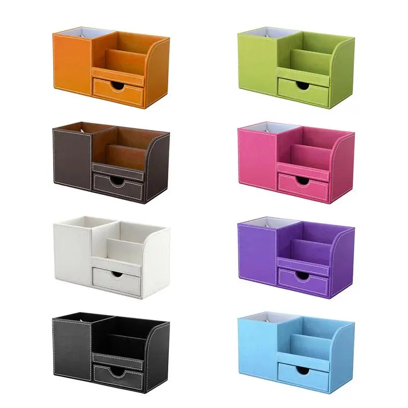 

Storage Box With Drawer PU Leather Pen Holder Desktop Manager Office Stationery Mobile Phone Remote Control Cosmetics Organizer
