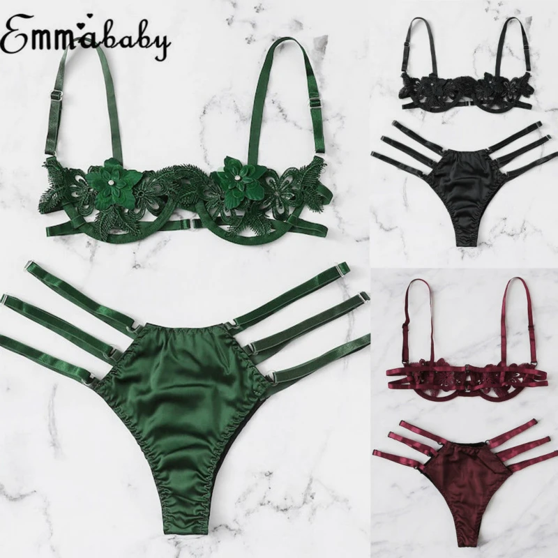 

S-XL Hollow Lace Satin Sexy Lingerie Set Womens Ladies Floral Bra+G-string Lingerie Sexy Hot Erotic Sets Knicker Sexy Underwear