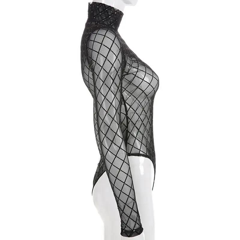 Perspective Mesh Jumpsuit Ladies Hot Stamping Gold Long Sleeve High Collar Perspective Mesh Soft Black Bodysuits For Women New Perspective Mesh Jumpsuit Ladies Hot Stamping Gold Long Sleeve High Collar Perspective Mesh Soft Black Bodysuits For Women New