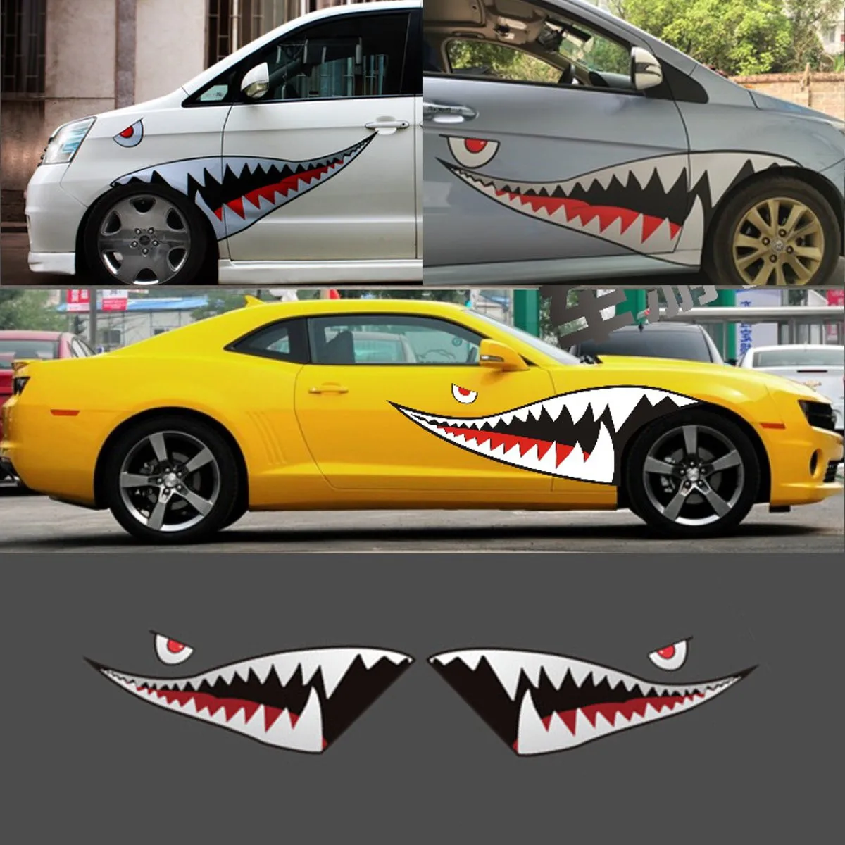 

150 x 50cm Red Grey Shark Mouth Tooth Teeth Car Side Door Reflective Sticker Vinyl