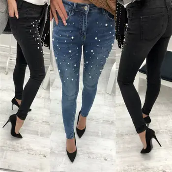 

2019 New Jean Pant Women Pearl Denim Skinny Ripped Pants High Waist Stretch Jeans Slim Pencil Trousers Plus Size 26-30