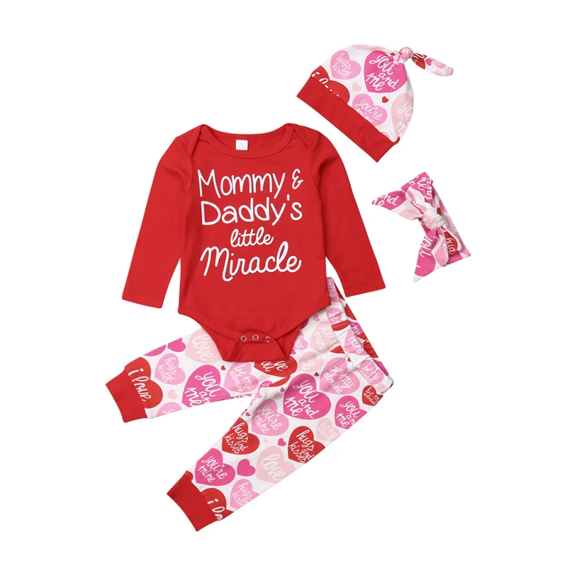 KISSB My First Valentines Day Outfit Baby Girl Clothes Short Sleeve Romper Tutu Skirt Leg Warmers Headband 4PCs Dress Set