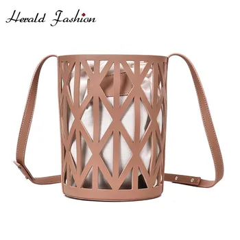 

Herald Fashion Quality Leather Female Shoulder Bags Drawstring Messenger Bucket Bag For Women Hollow Out Ladies' Crossbody Bags