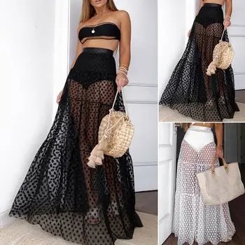 

Hirigin 2019 Women's Elastic Waist Sheer Mesh See Through Long Skirt Casual Beach Long Swing Skirt Summer Beach Vacation Wear
