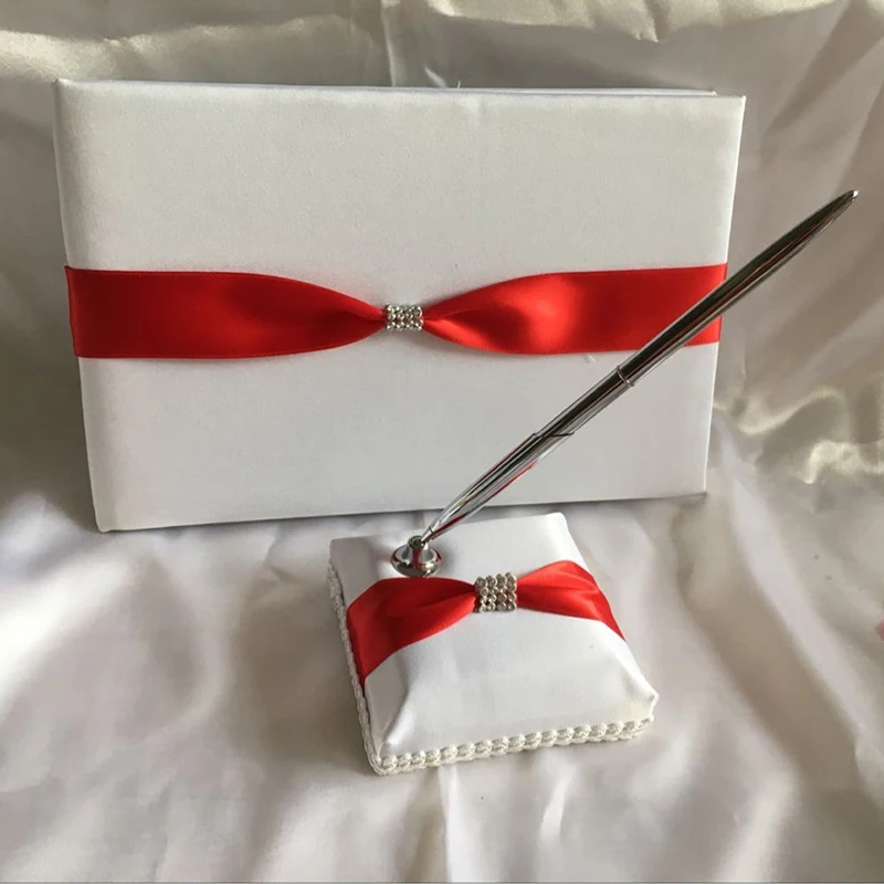 

Hot Sake White Satin Red Ribbon Wedding Guest Book Attendance Book Check In Book + Pen Party Decoration