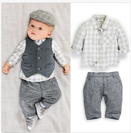 2018 New Fashion Newborn baby boy Grey Plaid Waistcoat + Pants + Shirts